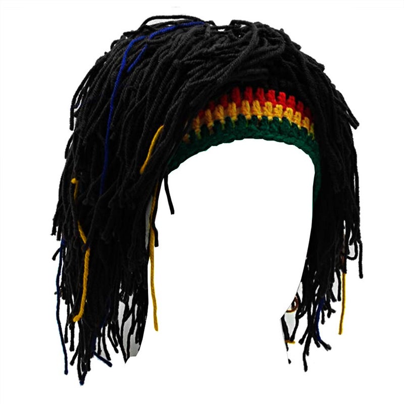 Kirmoo Novelty Handmade Knitted Jamaican Rasta Beanie with Dreadlocks Christmas Halloween Funny Hair Reggae Beanie Rasta Hat (Black Beanie) - Image 1